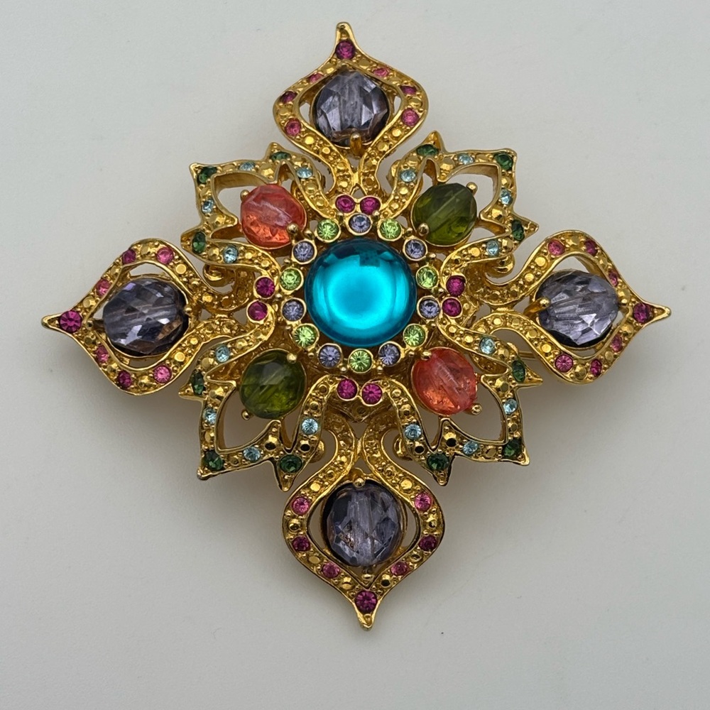 Joan Rivers Multicolor Spring Bouquet Cabachon Maltese Cross Brooch Gold Tone